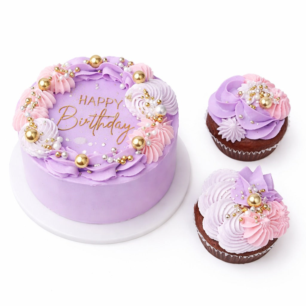Purple Theme Bento Cake + 2 Cupcakes Combo